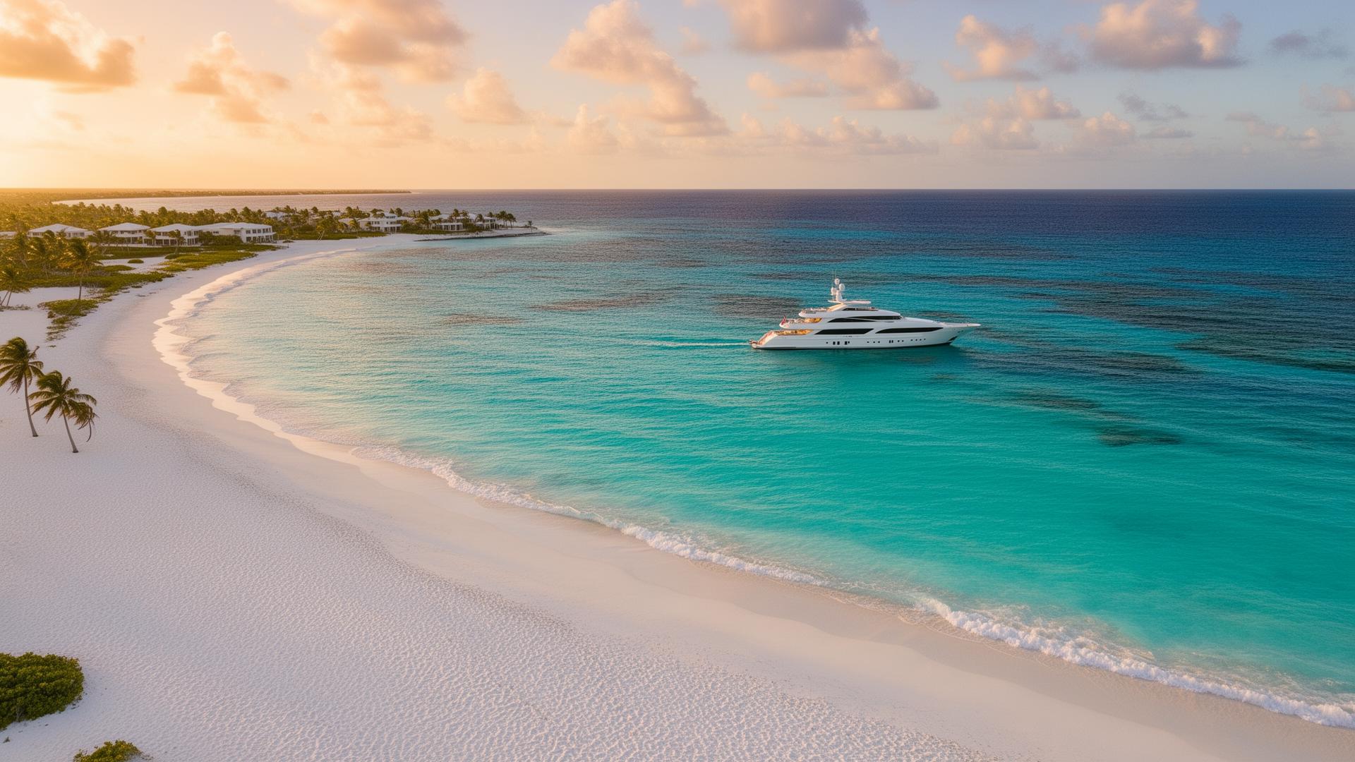 Aerial view of turquoise waters and white sand beach in Turks and Caicos